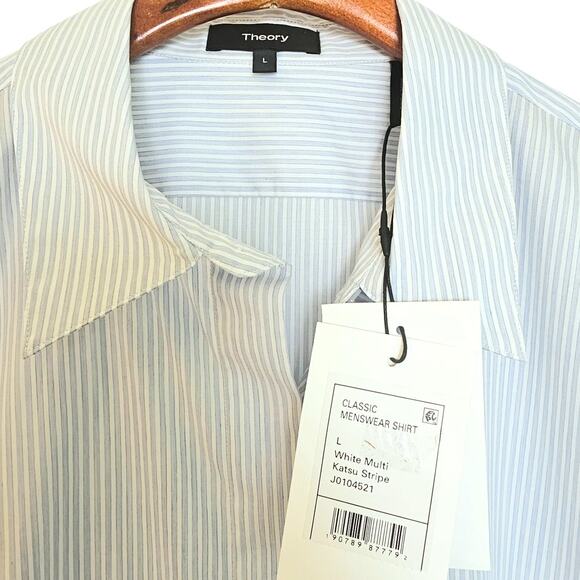 Theory NWT White & Blue Multi Katsu Stripe Classic Menswear Button Down Shirt - Picture 5 of 9